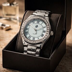 AJ Accessories  Men's Silver Stainless Steel Quartz Watch, Light Blue Dial